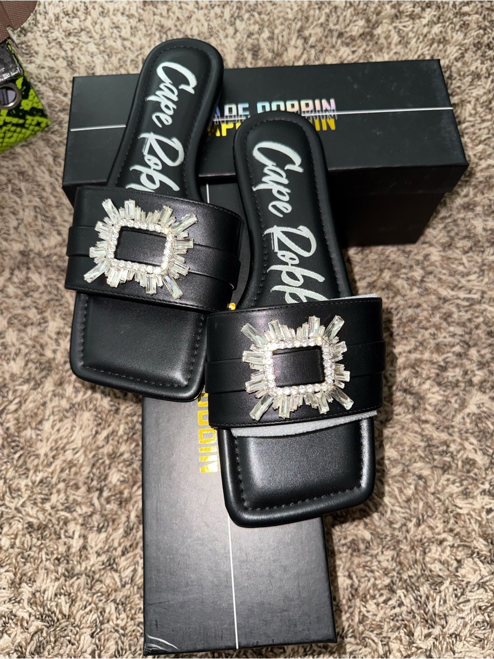 Cape Robbin Black Crystal-Embellished Slide Sandals